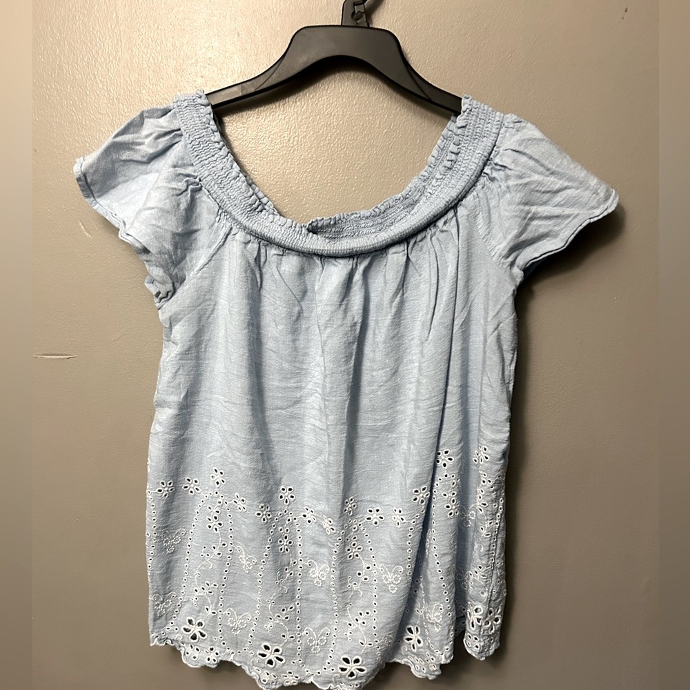 Old Navy Light Blue Eyelet Women's Top smocked off shoulder